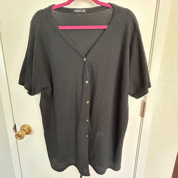 Plus Size Black Waffle Knit Tie Front Tee – Miholl (XXL, Relaxed Fit) - Picture 12 of 12